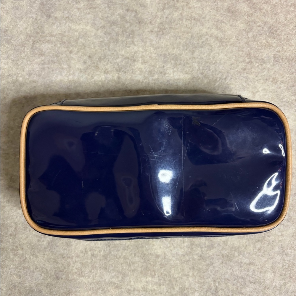 Estée Lauder Make Up Travel Bag Navy Blue Tan Rim Zipper Mirror 10x5x2.5”